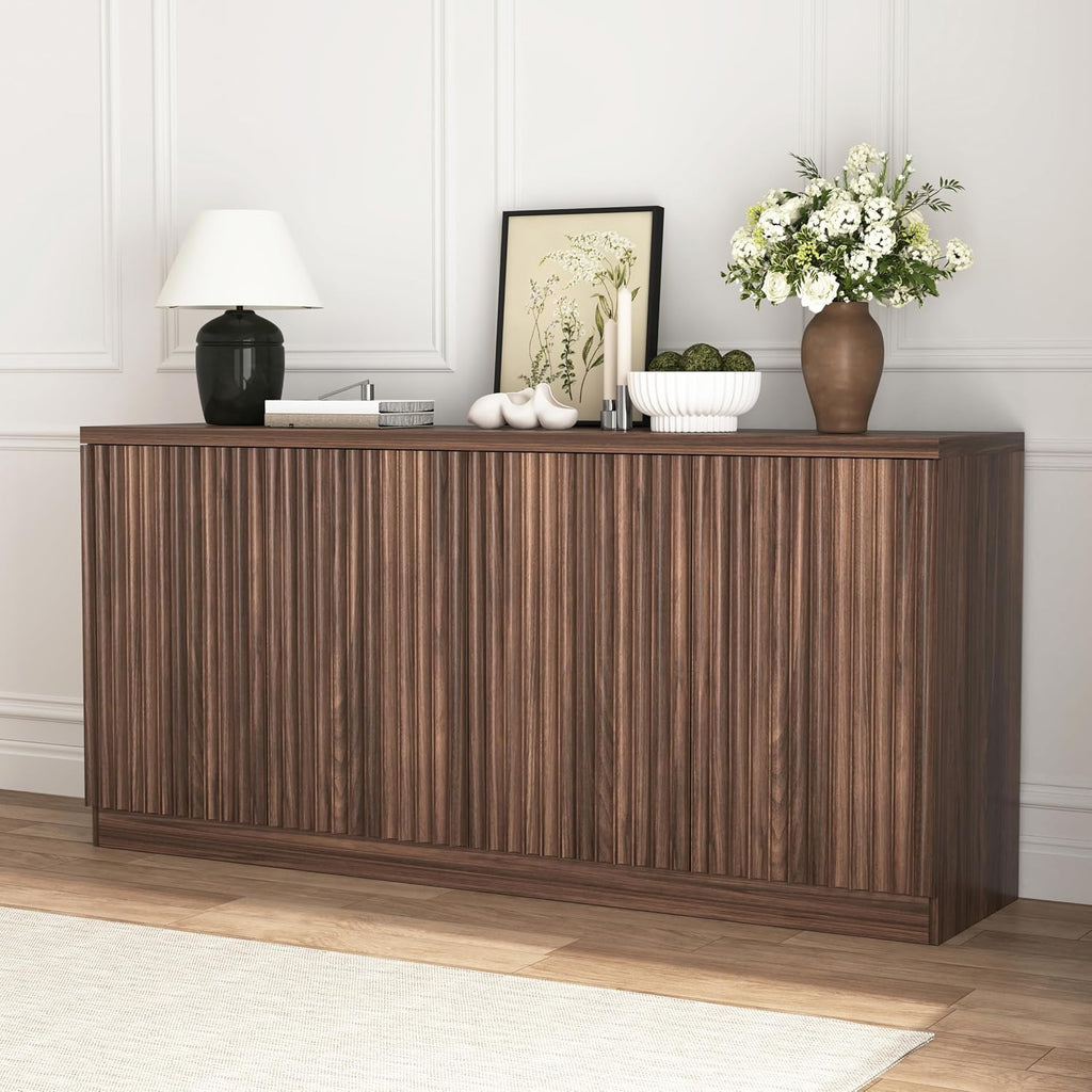 63" Fluted Buffet Cabinet Sideboard with Storage,Large Credenza with 4 Doors with Adjustable Shelves,Wood Mid Century Modern Sideboard for Kitchen, Living Room,Entryway(Walnut)