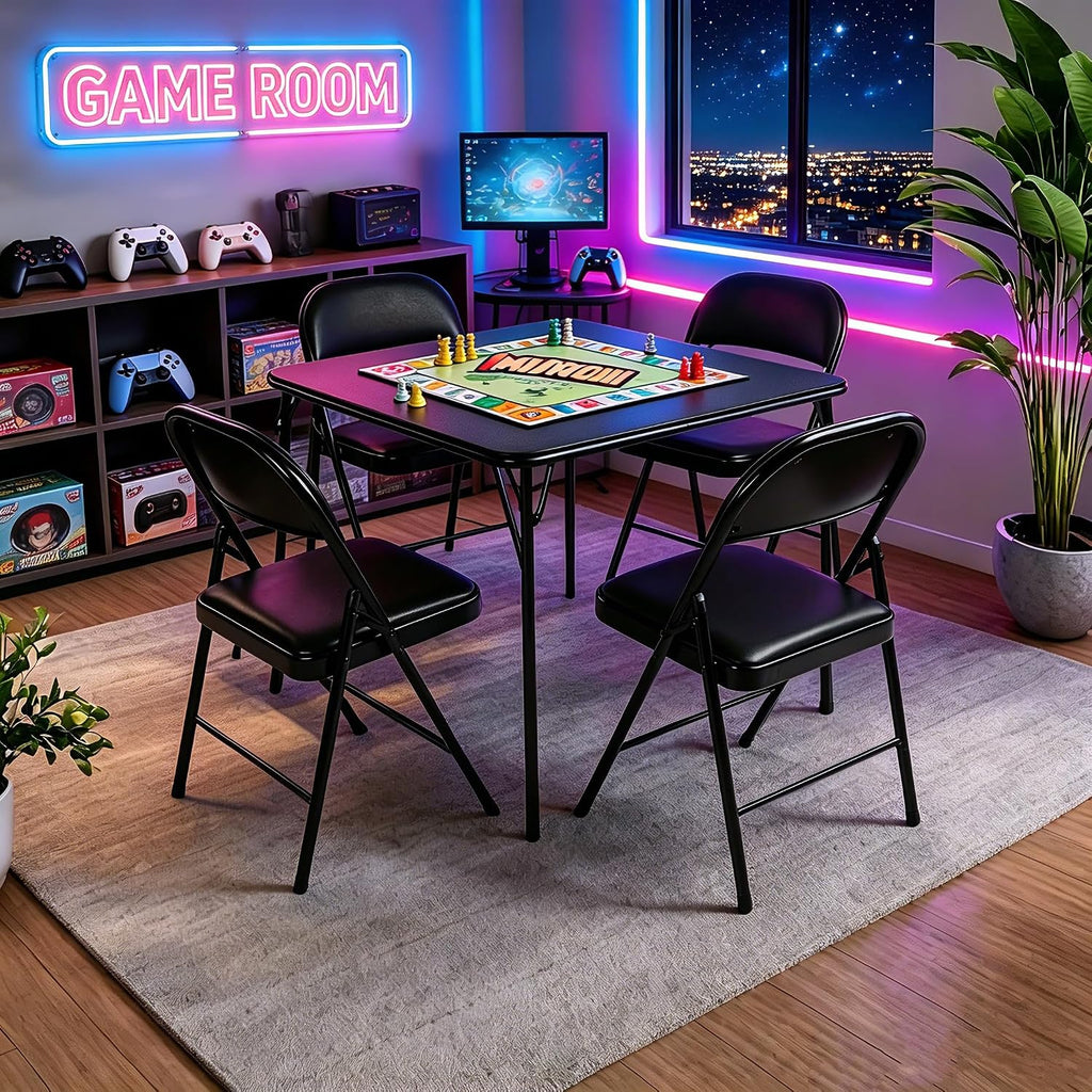 34 Inch Folding Table Foldable Portable Table, Square Folding Card Table for Poker Games, Camping, Picnic, Metal Construction with PU Soft Padded Tabletop, Space Saving Storage, Black | Soft PU tabletop, folding design, portable for cards, board games