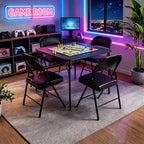 34 Inch Folding Table Foldable Portable Table, Square Folding Card Table for Poker Games, Camping, Picnic, Metal Construction with PU Soft Padded Tabletop, Space Saving Storage, Black | Soft PU tabletop, folding design, portable for cards, board games