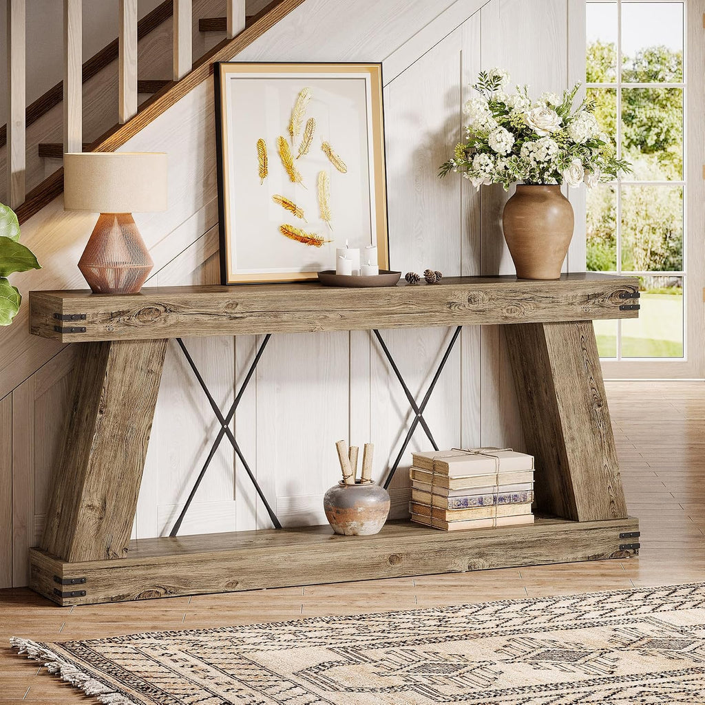 Tribesigns 70.87" Farmhouse Console Table with Storage (Light Brown Oak) | Narrow Sofa Table Behind Couch with Shelf, Rustic Entryway Table for Hallway, Living Room, Foyer, Entrance