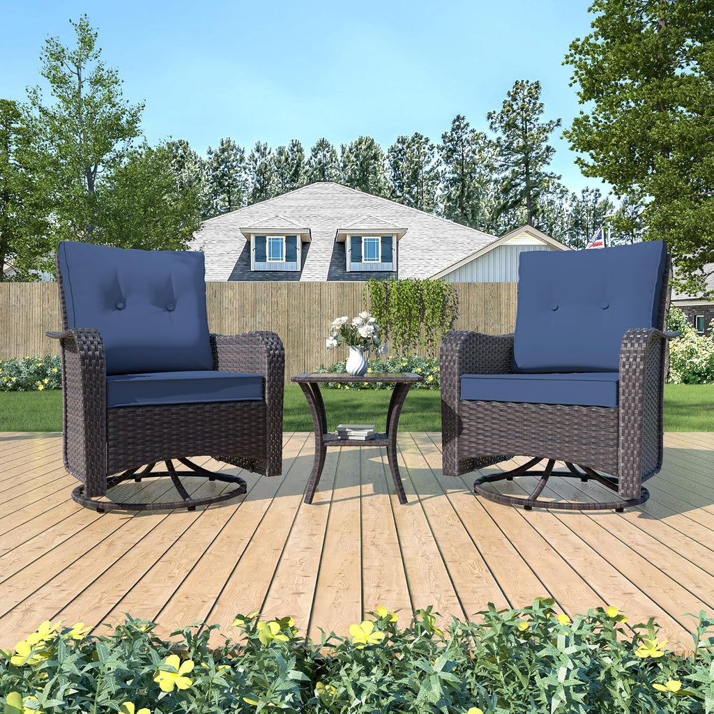Kurapika 3 Pieces Patio Furniture Set Outdoor Swivel Gliders Rocker, Wicker Patio Bistro Set, Rattan Rocking Chair with Tempered Glass Side Table and Thickened Cushions (Navy Blue)