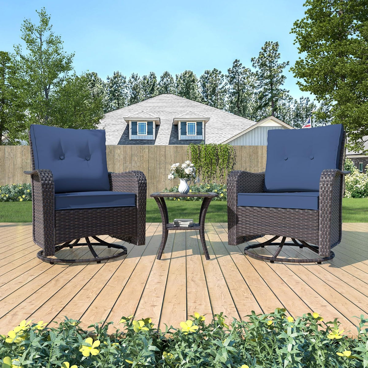 Kurapika 3 Pieces Patio Furniture Set Outdoor Swivel Gliders Rocker, Wicker Patio Bistro Set, Rattan Rocking Chair with Tempered Glass Side Table and Thickened Cushions (Navy Blue)