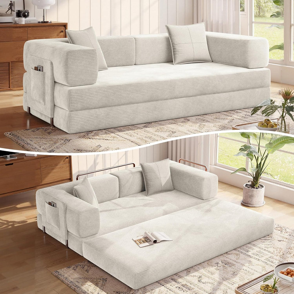 MoonSpeak 78.8'' Futon Sofa Bed, Couches for Living Room | Corduroy Convertible Futon Sofa Bed with Storage Pocket, Modular Sleeper Couch in a Box, No Assembly (White)