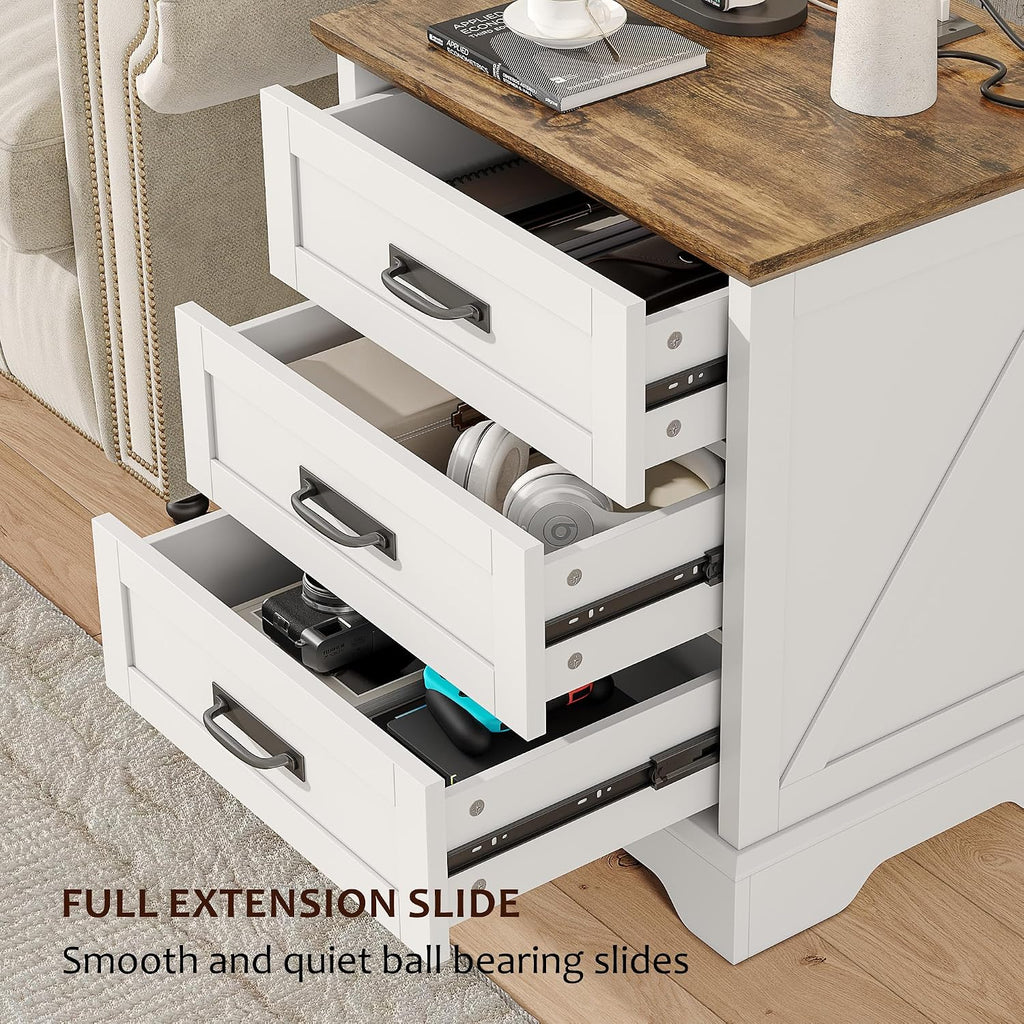 Whalefall 3 Drawers Farmhouse Nightstand with Charging Station, White | 22'' Wide Bedside Table for Bedroom, Large End Table with Storage for Living Room, Wooden Pedestal
