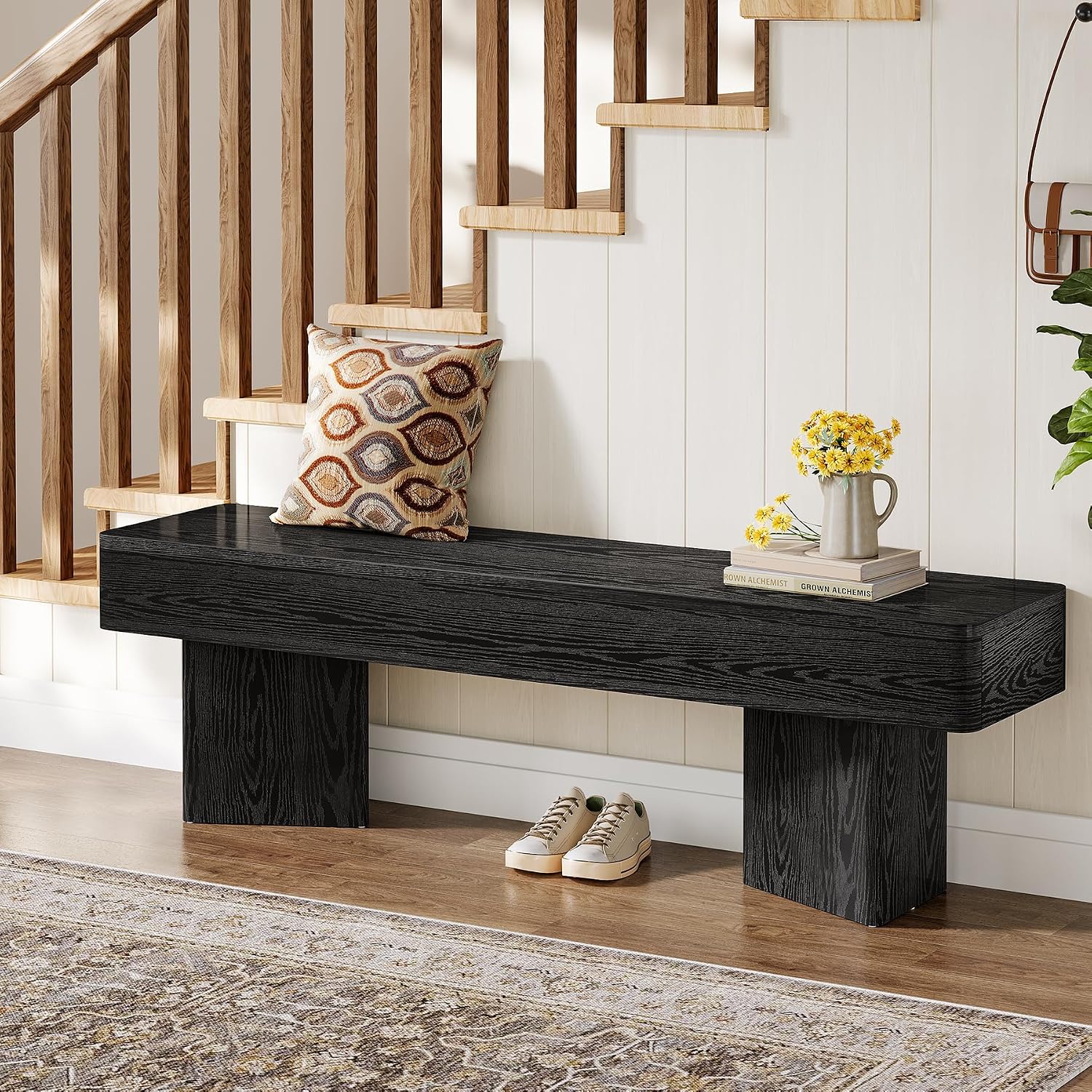 Tribesigns Black Entryway Bench, 47.24" Modern Shoe Bench with Sturdy Bases, Wooden Indoor Bench for Entry Way, Living Room, Bedroom