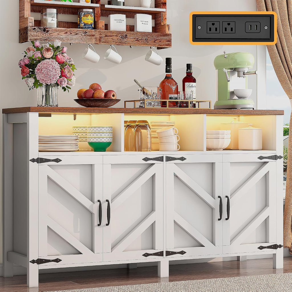 knoworld Buffet Sideboard with Storage with Power Outlets & LED Light 4 Doors, 55'' Large Farmhouse Kitchen Storage Cabinet Wood Coffee Bar Cabinet Buffet Table for Kitchen, Dining Room,55"W White LED