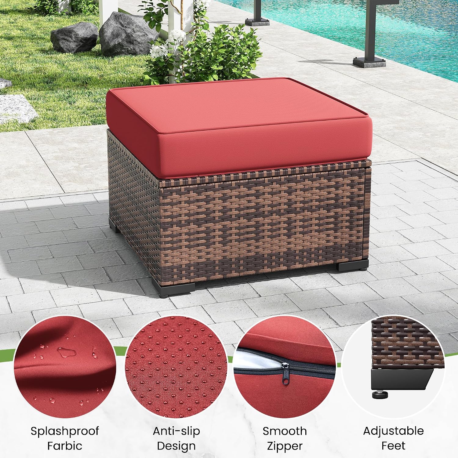 Amopatio 2 Pieces Outdoor Ottoman for Patio, Foot Rest for Couch, All Weather Outdoor Patio Footstool Rattan Patio Ottoman with 4" Thick Removable Cushion (Burgundy)