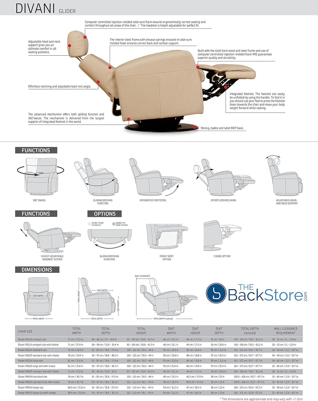 IMG Divani RG 325 Large Glider Relaxer Rocking Recliner Swivel Chair - Trend Sand Leather Manual Recline - Adjustable Headres