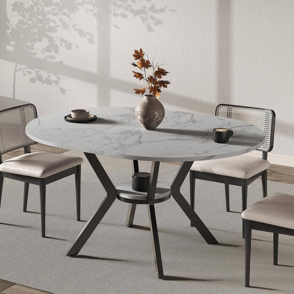 42"-58" Round Extendable Dining Table for 4-6, Kitchen Oval Table with Hidden Leaves & Storage Shelf, Space Saving Modern Design with Sturdy Metal Legs for Kitchen, Dining Room & Small Apartments
