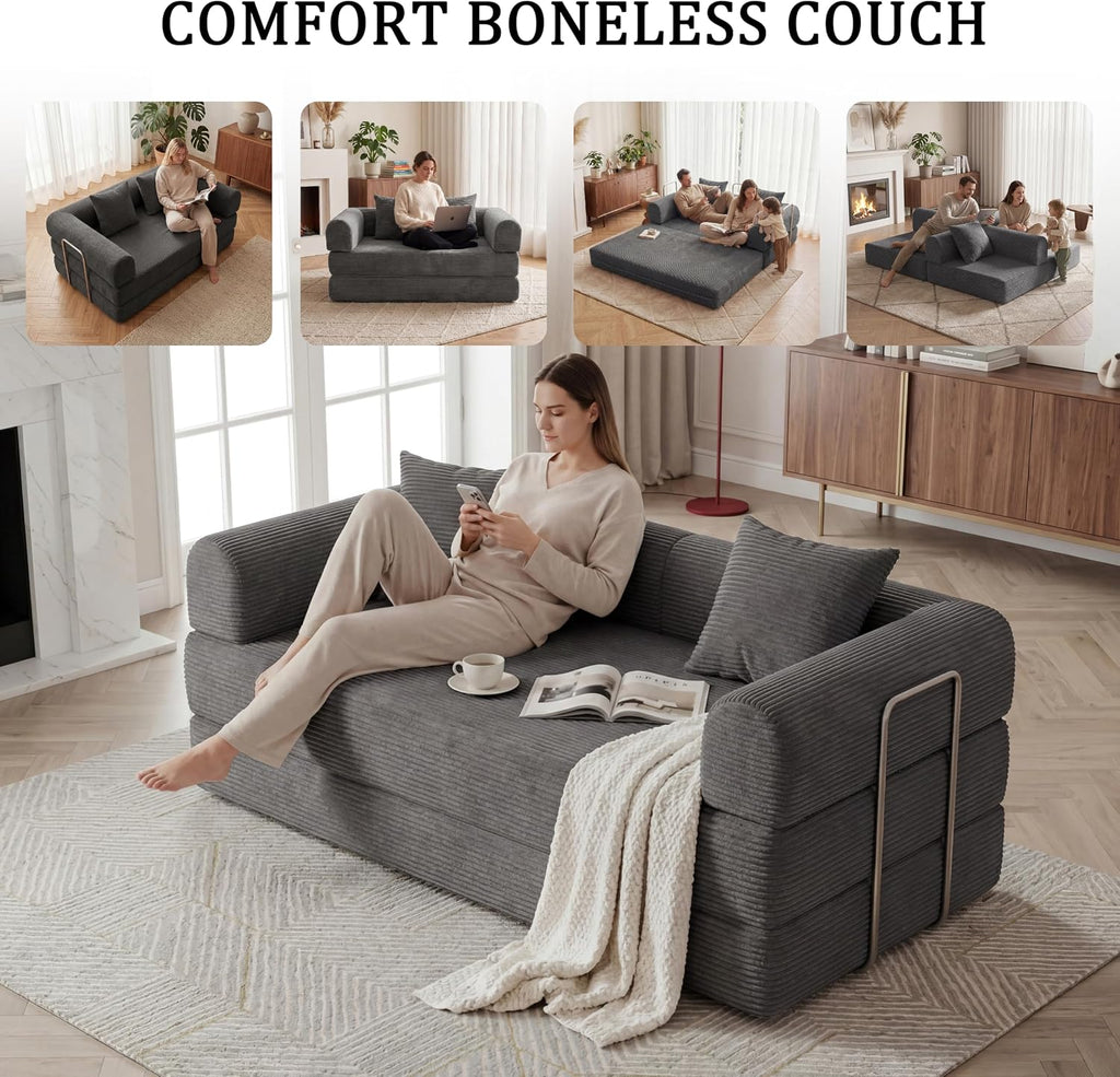 Futon Sofa Bed Modular Loveseat Sleeper Folding Pull Out Couch with Pillows, No Assembly Required Couch for Living Room Bedroom Guest Room (Grey, 59.06" Loveseat Sofa)
