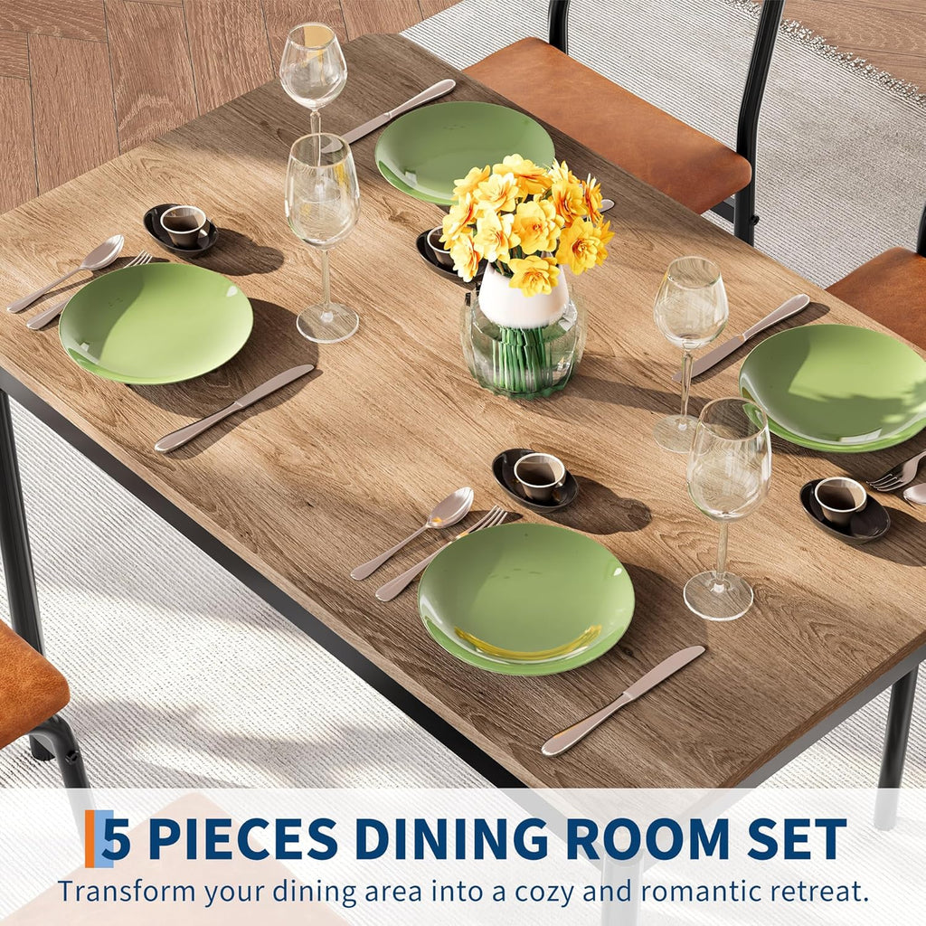 Garvee Dining Table Set for 4, 5 Piece Wooden Dining Table and Chairs, 4 PU Upholstered Chair, Modern Metal Frame Dinette Set for Dining Room, Home Dinner, Party, Apartment, Brown