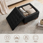 24 Inch Square Storage Ottoman Coffee Table, Modern Tufted Upholstered Ottoman with Flip Tray and Solid Wood Legs, Suitable for Living Rooms, Faux Leather Black