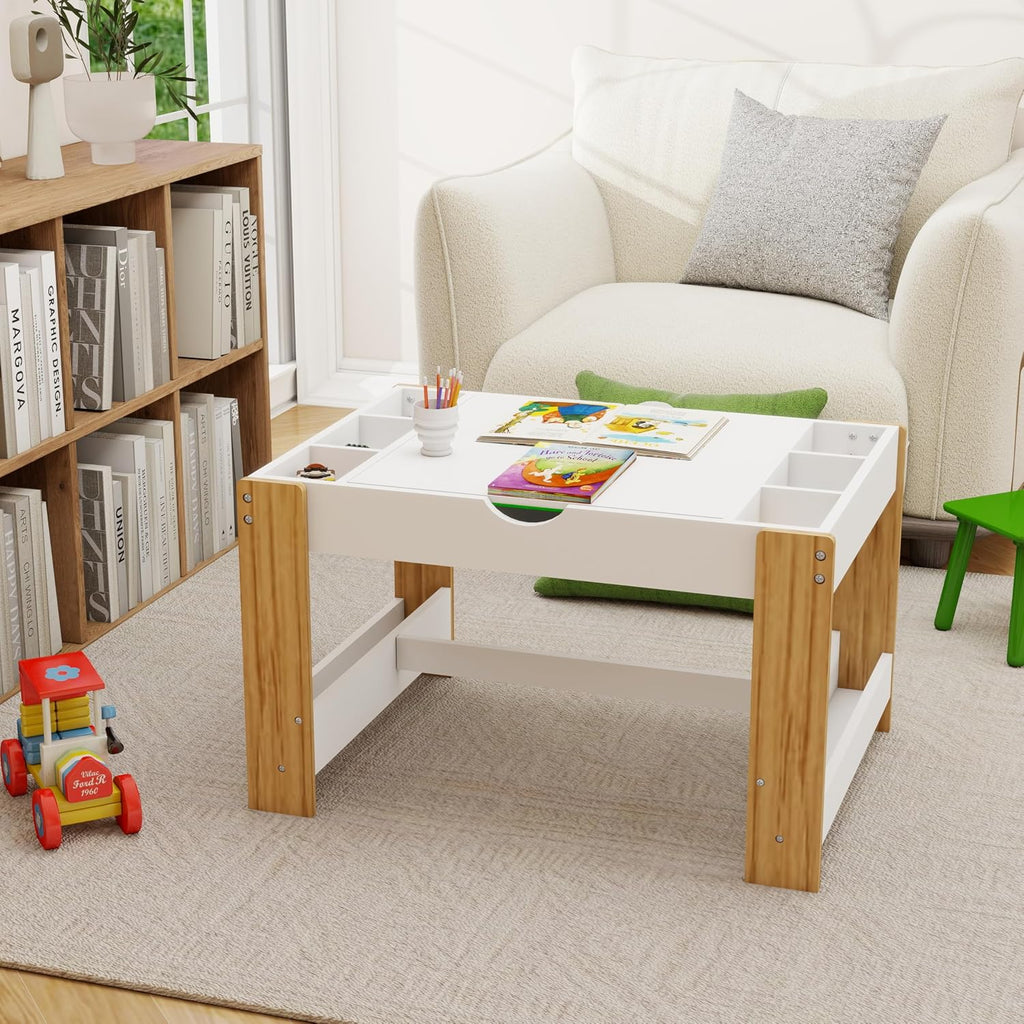 2-in-1 Play Table Set with 2 Chairs, Brick Base and Whiteboard Top | 2 Chairs Included|Full Storage|2-in-1 Design|Playroom|Bedroom|Home