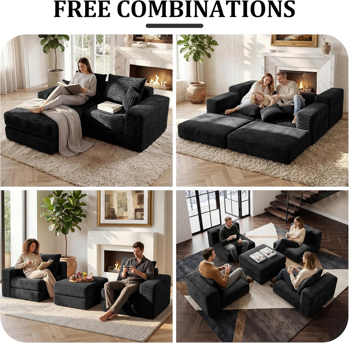 Cloud Modular Sectional Sofa, Comfy Couch with Non Slip Base, Modern L-Shaped Couch with Chaise, Customizable Sleeper Sofa for Living Spaces, No Assembly & Deep Seat (Black)