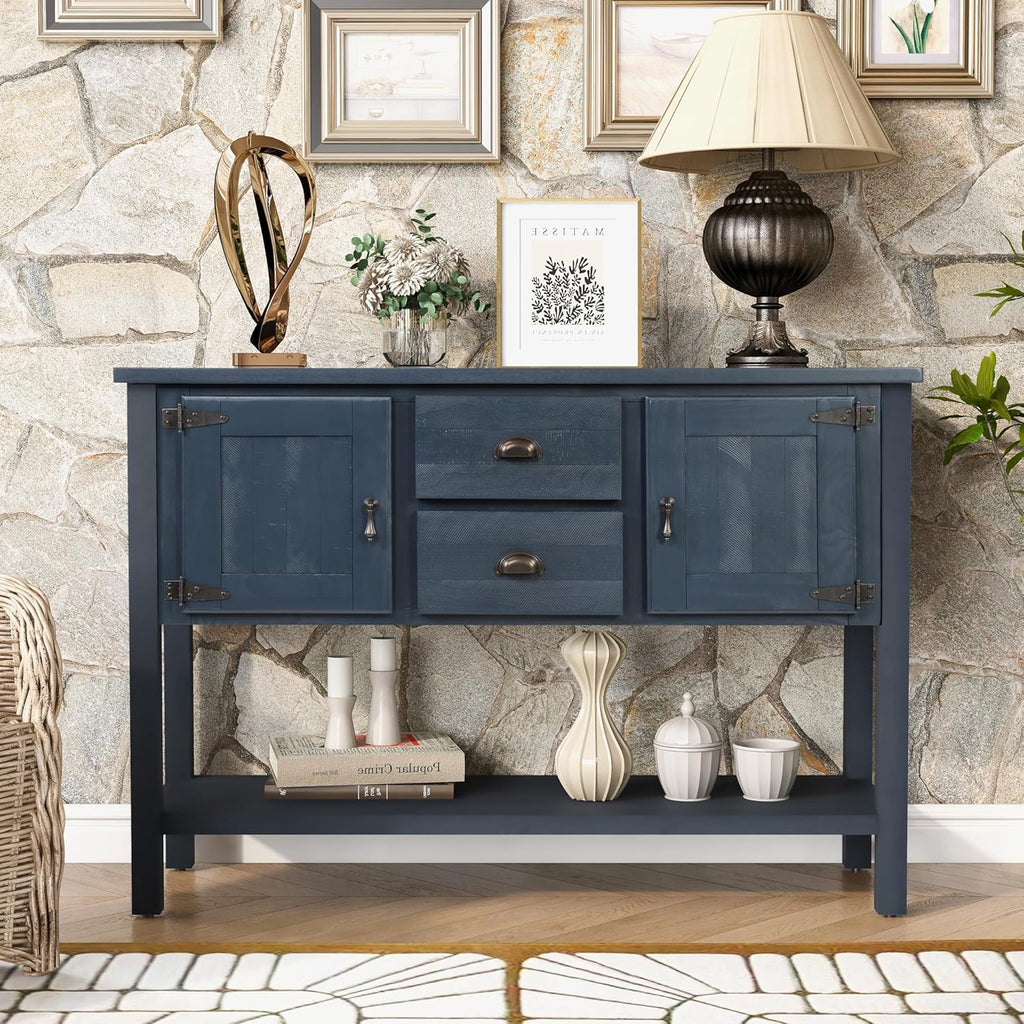 LKTART Farmhouse Sideboard Buffet Cabinet,Solid Wood Sideboard with Storage Drawers and Bottom Shelf, Buffet Cabinet Coffee Bar for Entryway Hallway Foyer,Easy Assembled (46.5" Navy Blue)