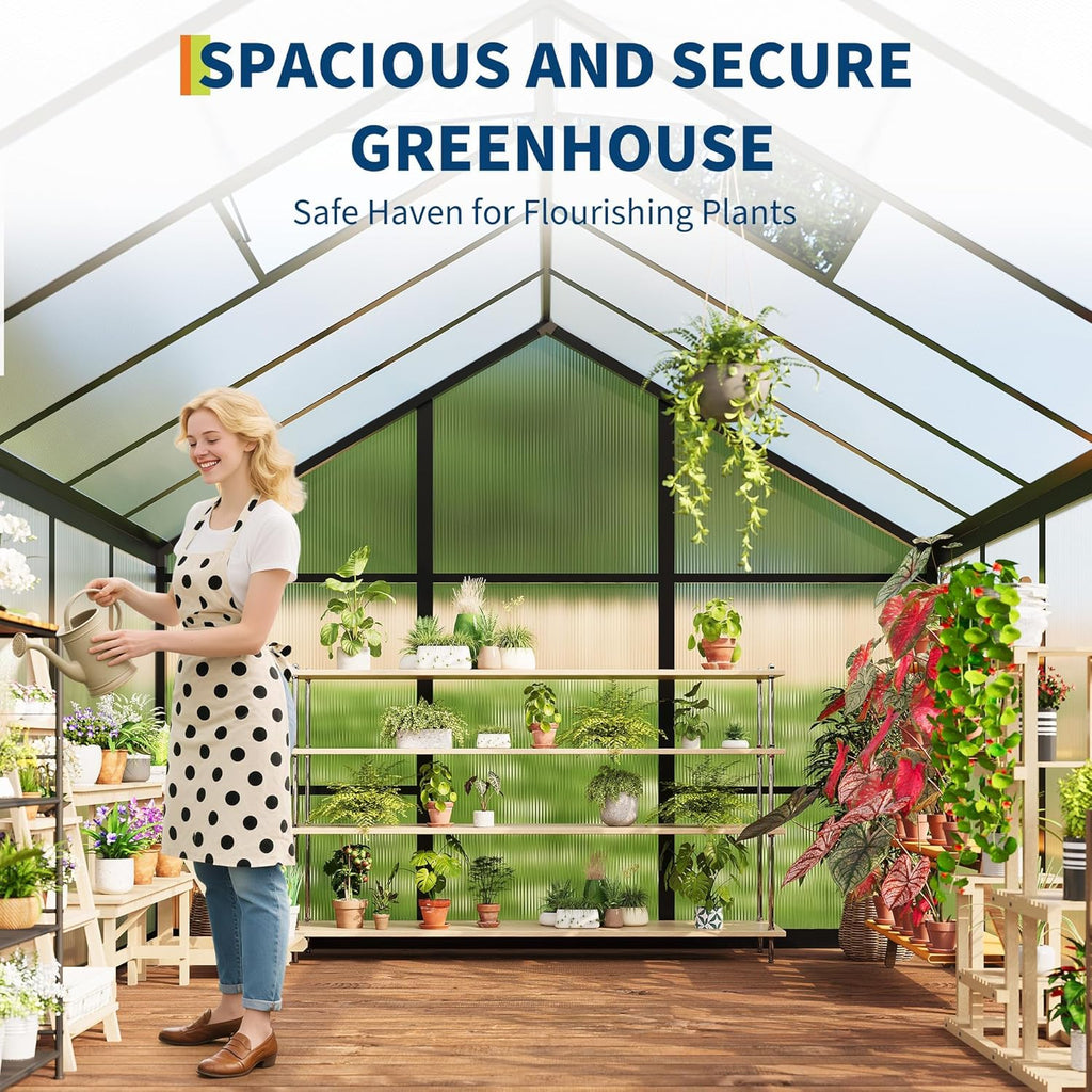 6x10 FT Greenhouse for Outdoors, Polycarbonate Greenhouse with Roof Vent, Ground Nails, Lockable Push Door, Aluminum Large Walk-in Green House for Outside Garden Backyard, Patio, Lawn, Black