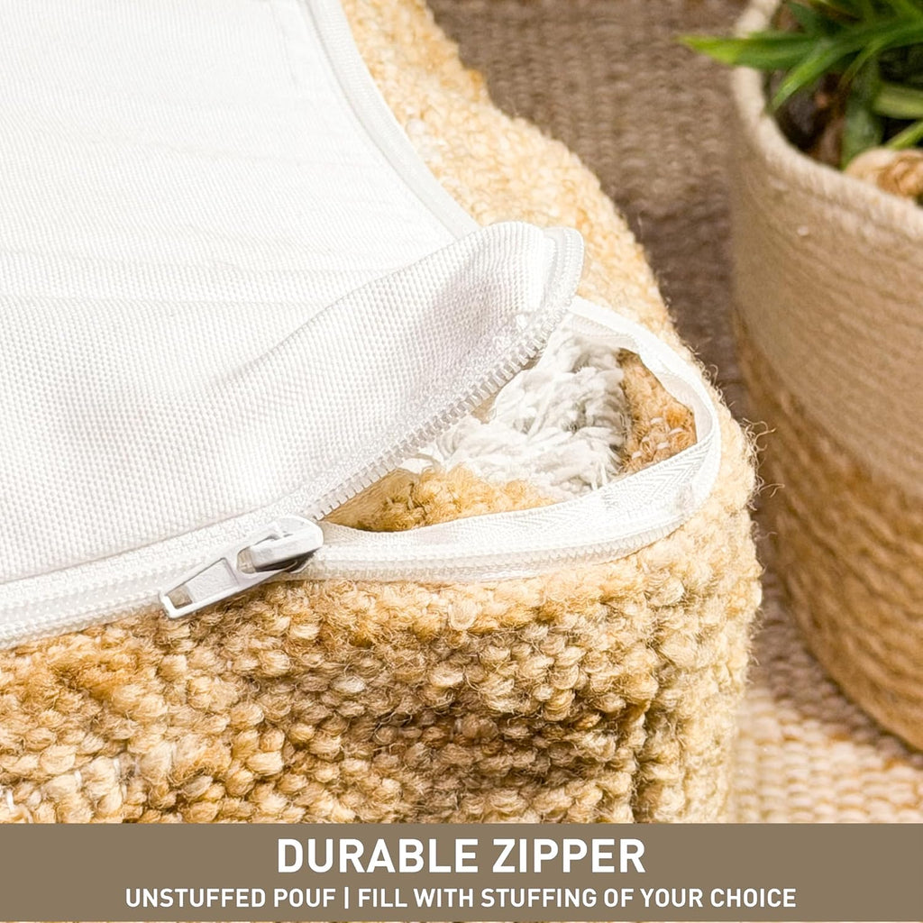 Chardin home Unstuffed Pouf Ottoman Cover, Beige, 16.5x16.5x12.9 Inches | DIY Fillable Floor Pouf with Storage, Indoor Outdoor Square Ottoman, Footrest, Boho Decorative Floor Pillow