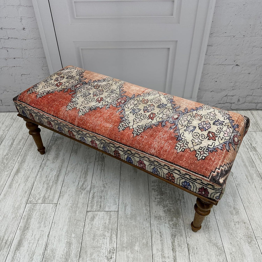 Ottoman Bench with Rug Upholstered Handmade Wood Work for Boho Farmhouse Kitchen Dining Room Entryway Footstool Livingroom Bedroom, Piano Bench, Coffee Bench (Era-62, 18x18x48)