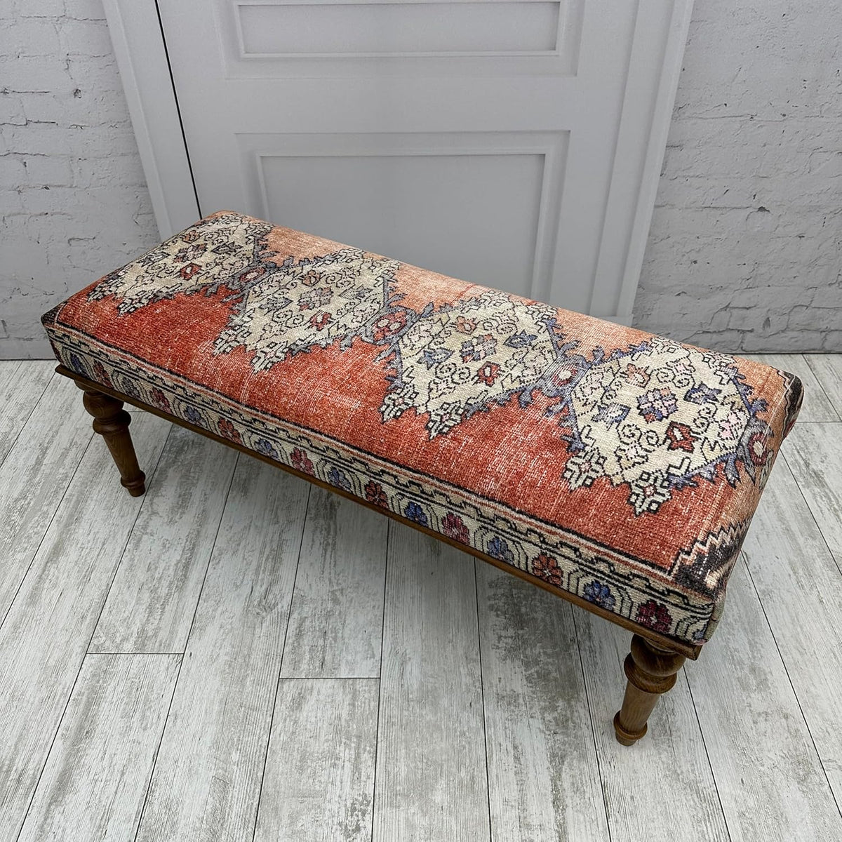 Ottoman Bench with Rug Upholstered Handmade Wood Work for Boho Farmhouse Kitchen Dining Room Entryway Footstool Livingroom Bedroom, Piano Bench, Coffee Bench (Era-62, 18x18x48)