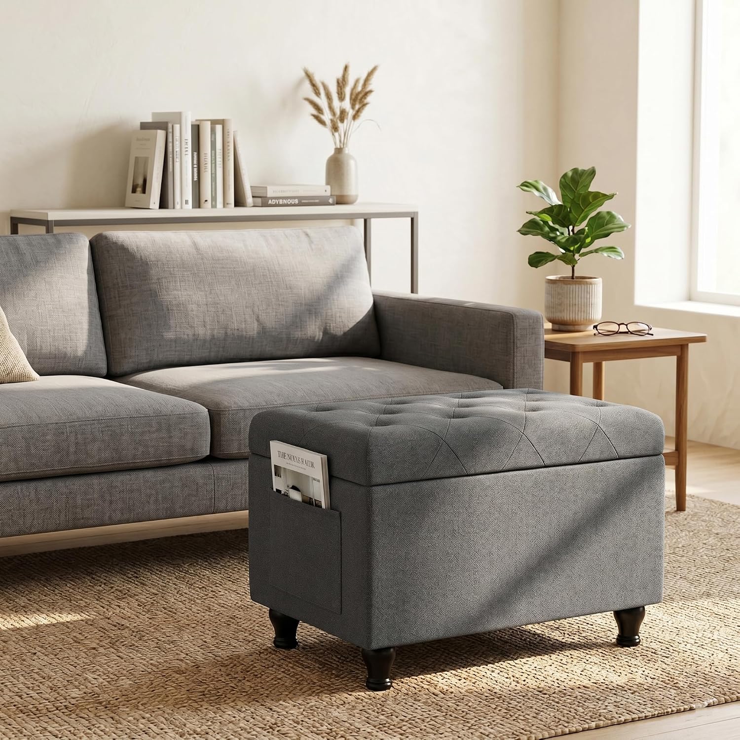Ottoman with Storage 24'' Storage Ottomans Fabric Ottoman Footstools Small Upholstered Foot Rest Stool for Couch, Living Room, Bedroom, Entrance Shoe Bench Grey