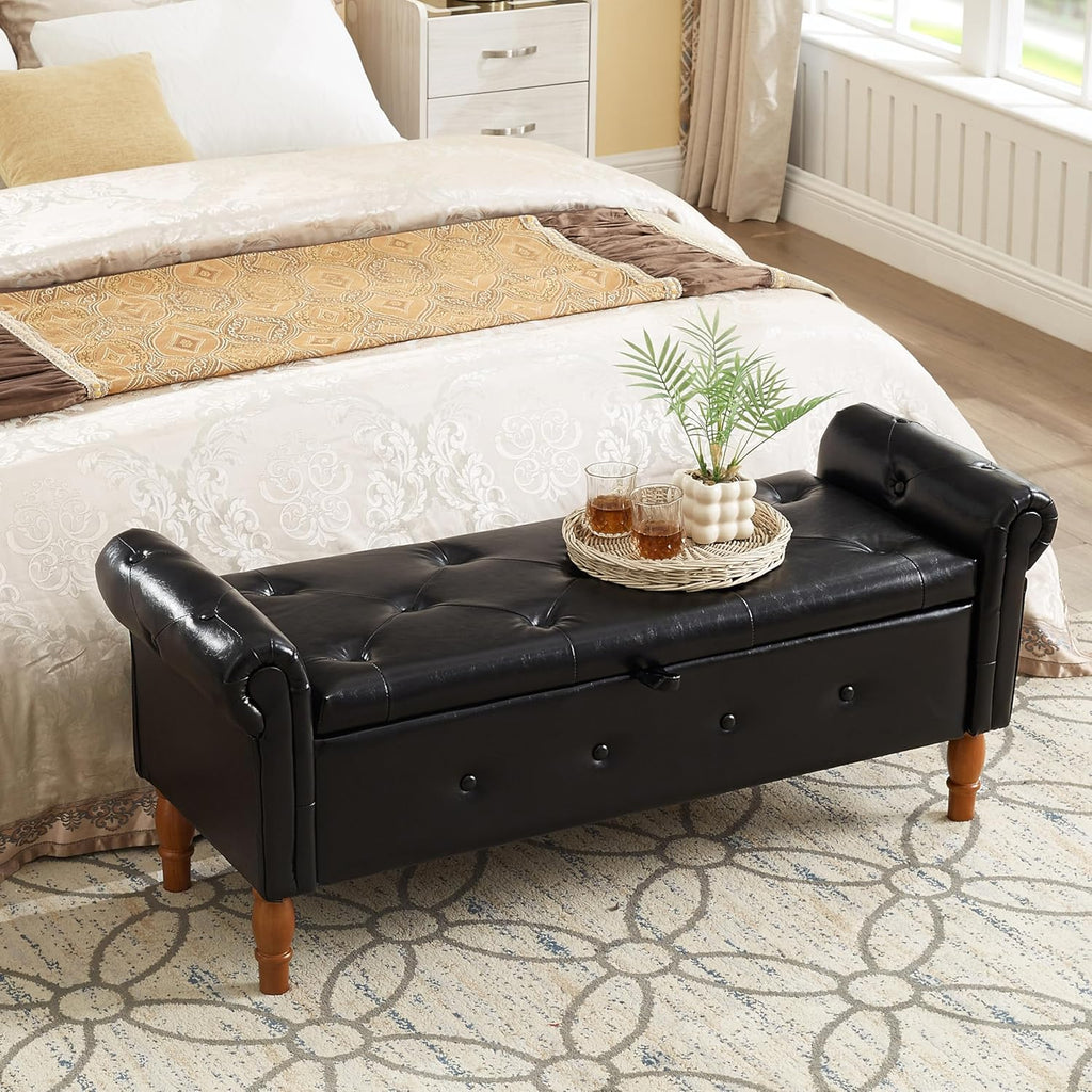 Storage Ottoman Bench, 50" Modern Upholstered End of Bed Bench, Faux Leather Rolled Armed Button-Tufted Ottoman with Storage for Living Room, Entryway, Window, Black