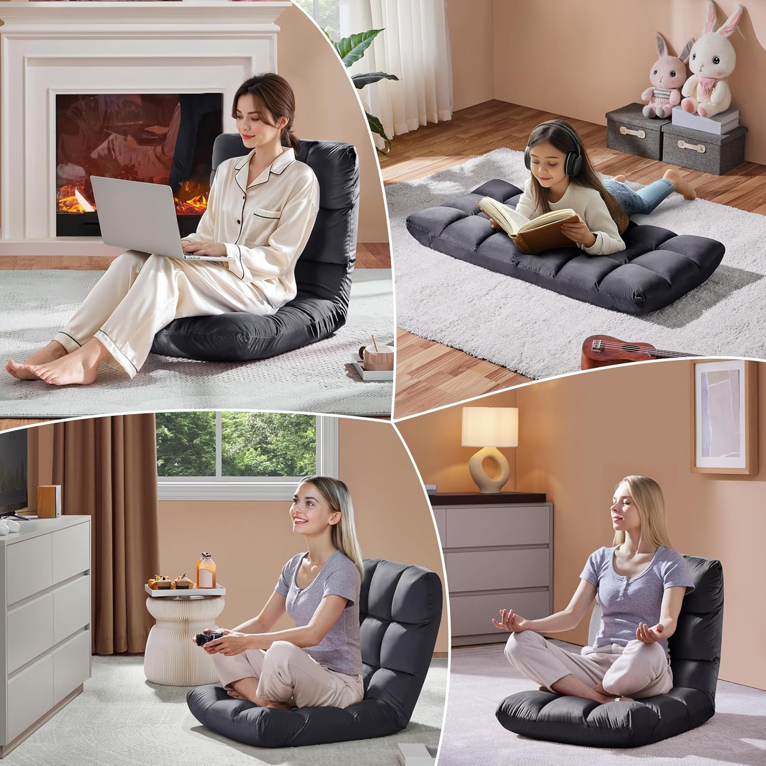 Yaheetech 14-Position Folding Floor Chair with Adjustable Back Support Gray | Velvet Floor Gaming Chair with Thick Foam, Iron Frame Floor Seat, Easy to Store, Lazy Recliner for Yoga Meditation