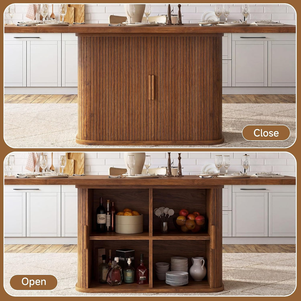 knoworld 78.7" Rectangular Dining Table for 6-10, Farmhouse Kitchen Furniture with Storage Base, Sliding Tambour Doors, Walnut