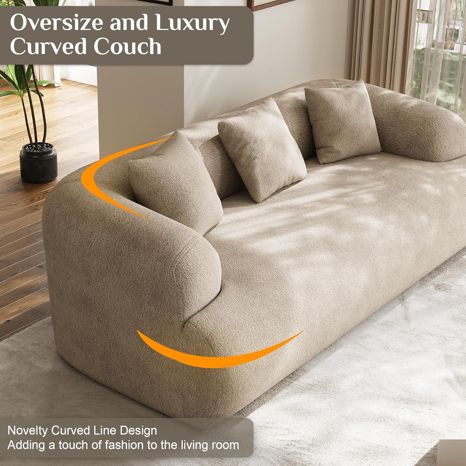 91" Couch,Cloud Couch,Chenille Curved Sofa with 3 Seater and 3 Pillows, Modern Compression Sofa for Living Room, Bedroom and Apartment, No Assembly Required, Light Brown
