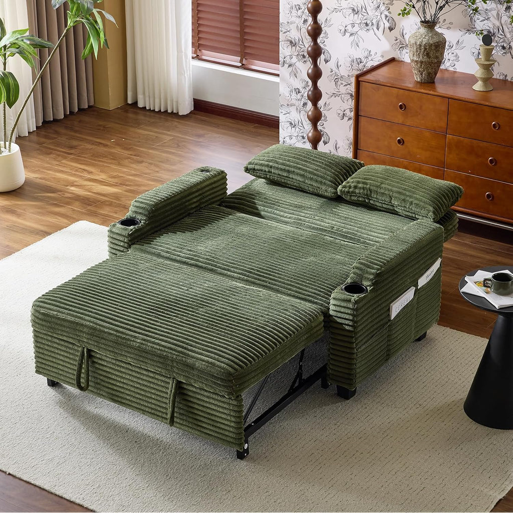 VINGLI Green Futon Sofa Bed Convertible Loveseat Sleeper Sofa Couch, Corduroy Pullout Sofa Fold Out Couch Bed with USB Ports, Cup Holders, Armrest for Living Room, Bedroom Apartment Room