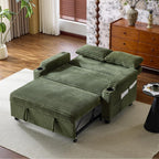 VINGLI Green Futon Sofa Bed Convertible Loveseat Sleeper Sofa Couch, Corduroy Pullout Sofa Fold Out Couch Bed with USB Ports, Cup Holders, Armrest for Living Room, Bedroom Apartment Room