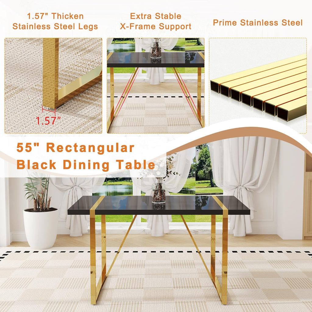 Black Dining Table Set for 4, 55" Black Glossy Top with Gold Metal Legs, Modern Dining Table Set for 4 & Velvet Tufted Chair with Gold Nailhead Trim, Luxry Kitchen Table Set Ideal for Dining Room,APT