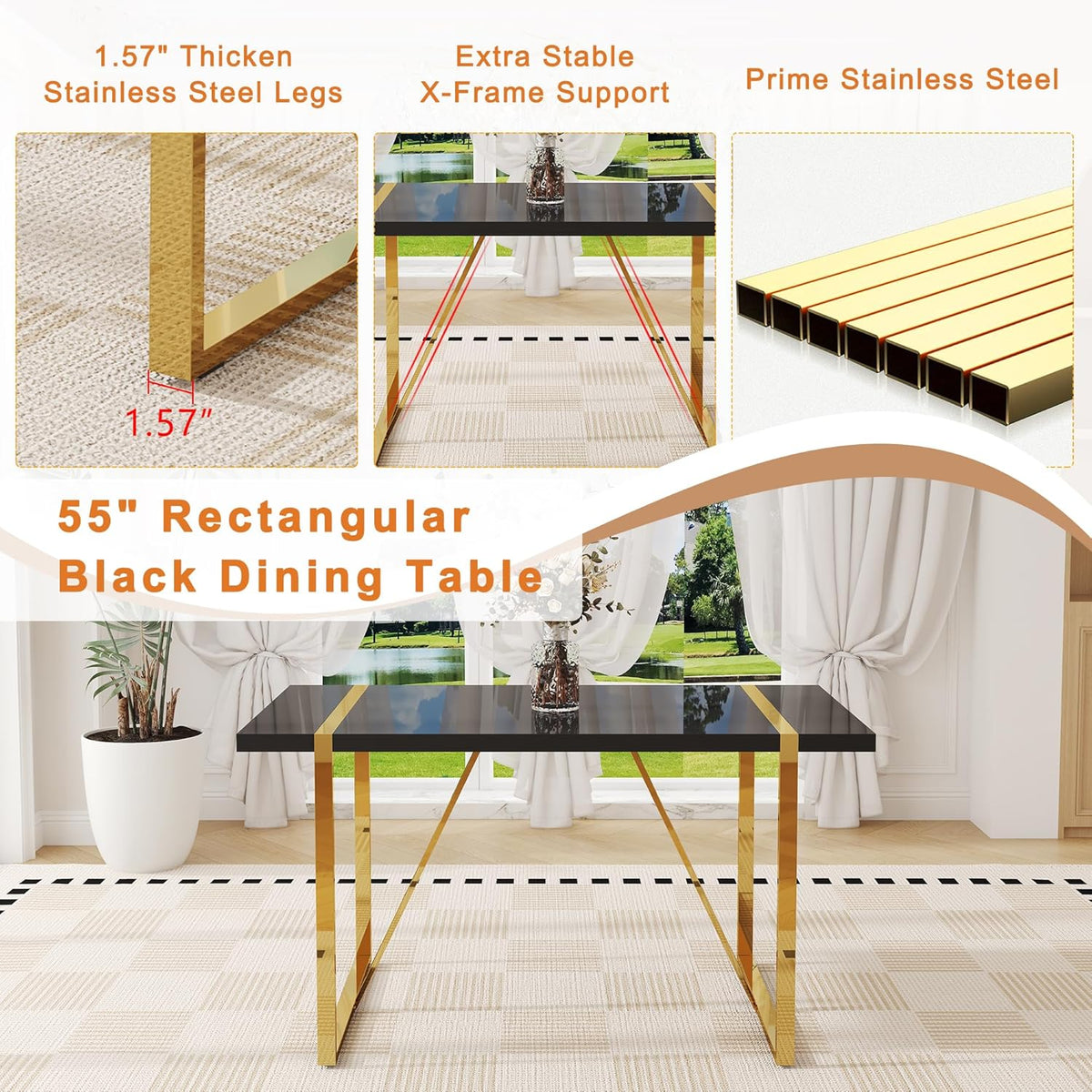 Black Dining Table Set for 4, 55" Black Glossy Top with Gold Metal Legs, Modern Dining Table Set for 4 & Velvet Tufted Chair with Gold Nailhead Trim, Luxry Kitchen Table Set Ideal for Dining Room,APT