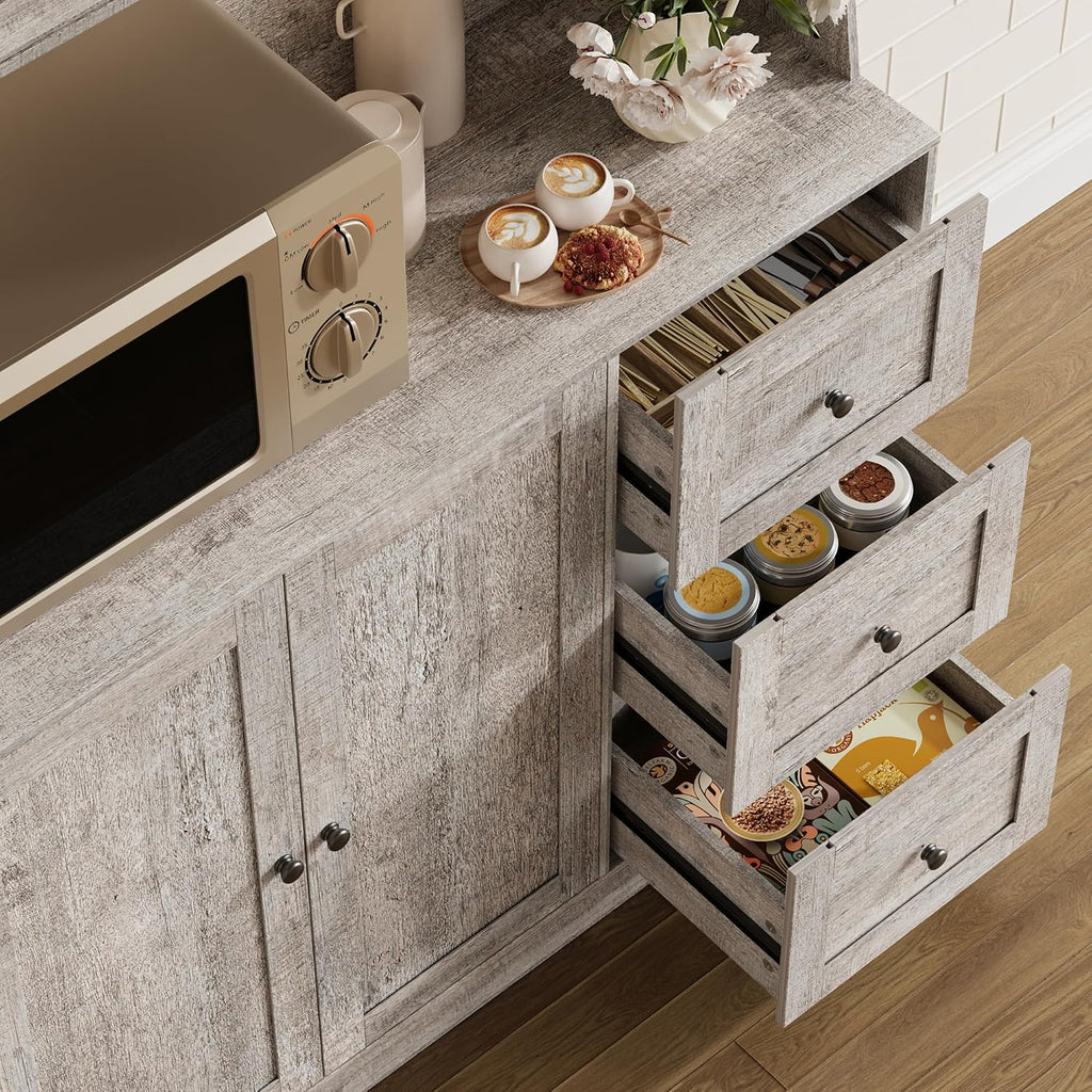 Kitchen Pantry Cabinet with Storage, Buffet Cabinet with Countertop for Microwave Stand, Tall Sideboard Storage Hutch Cabinets with LED, 3 Drawers & Adjustable Shelves for Dining Room, Grey