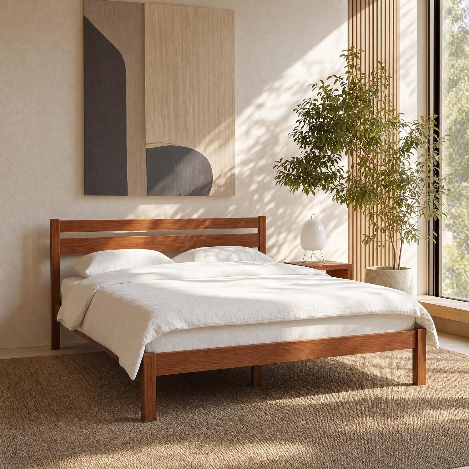 LIFEMENT Queen Bed Frame with Headboard Classic Wood Platform, Noise Free, Under Bed Storage, No Box Spring Needed, Easy Assembly, Cherry