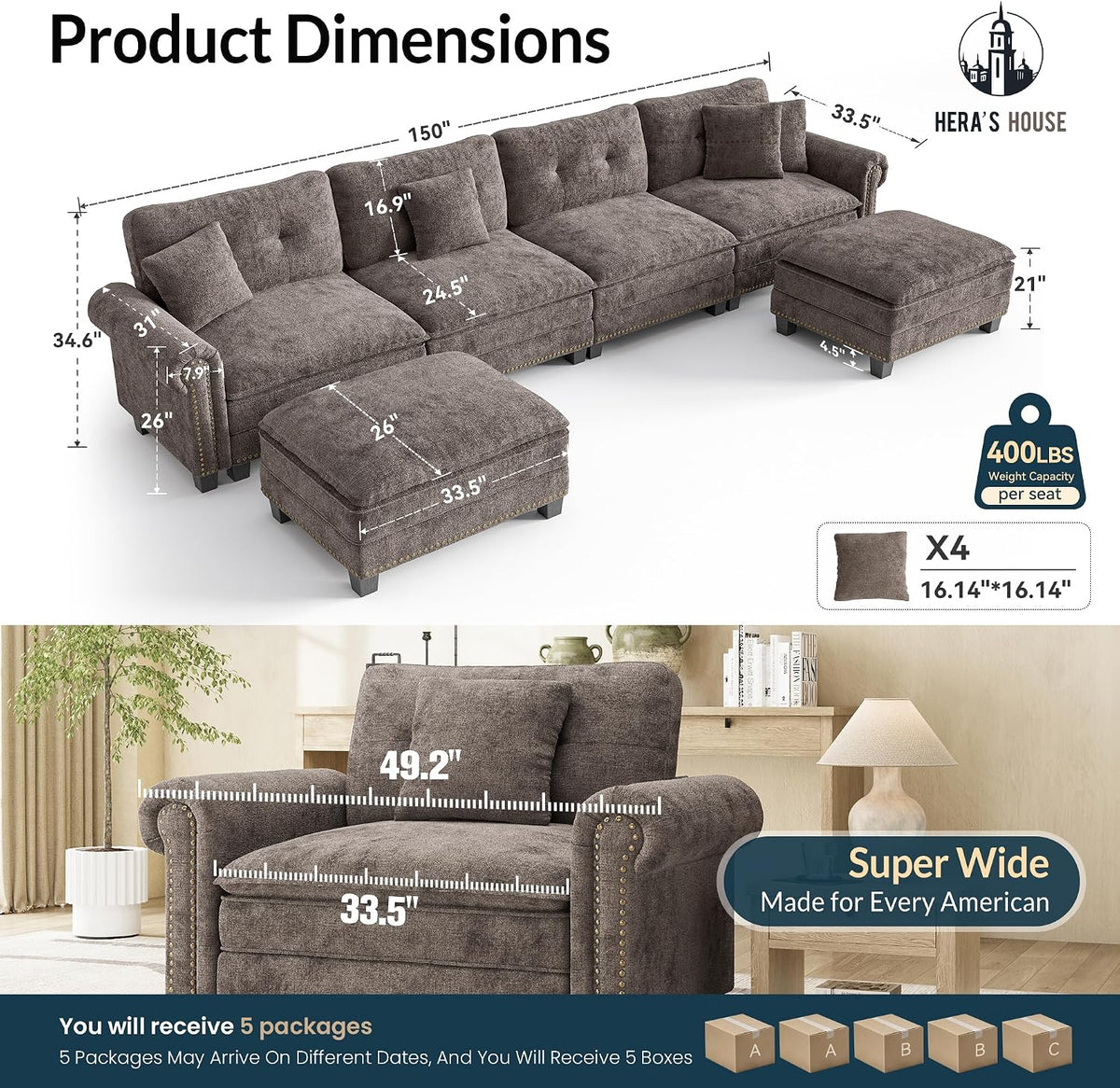 HERA'S HOUSE 150" Oversized U Shaped Modular Sectional Couch Living Room | Mid-Century Modern 6-Seater Cloud Sofa, Grayish Brown, Rolled Arms & Nailhead Trim, Wider & Deeper Seats, Ottoman, Chenille