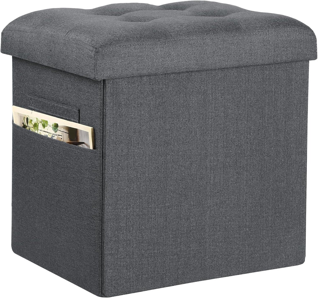 Storage Ottoman, Foot Rest Stool with Thicker Foam Padded Seat. 61L Slim Tall Foldable Linen Footstool Storage Bench Small Ottoman for Living Room, Bedroom. 350lbs Load Capacity, 17x13x17in, Dark Gray