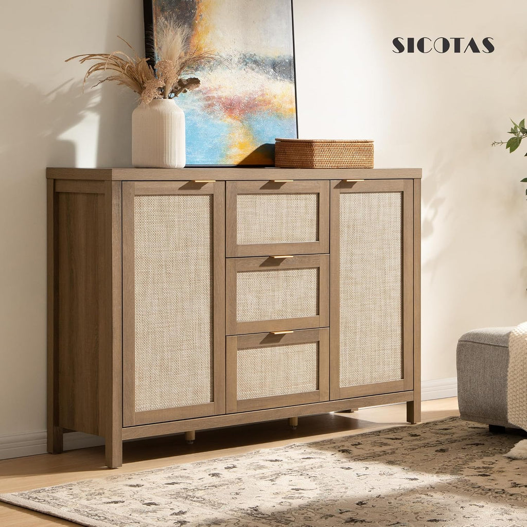 SICOTAS Rattan Sideboard Buffet Cabinet with Storage - 52" Larger Farmhouse Credenza Storage Coffee Bar Cabinet with 3 Drawers & 2 Doors, Boho Console Table for Living Room, Kitchen, Caramel Oak