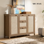 SICOTAS Rattan Sideboard Buffet Cabinet with Storage - 52" Larger Farmhouse Credenza Storage Coffee Bar Cabinet with 3 Drawers & 2 Doors, Boho Console Table for Living Room, Kitchen, Caramel Oak