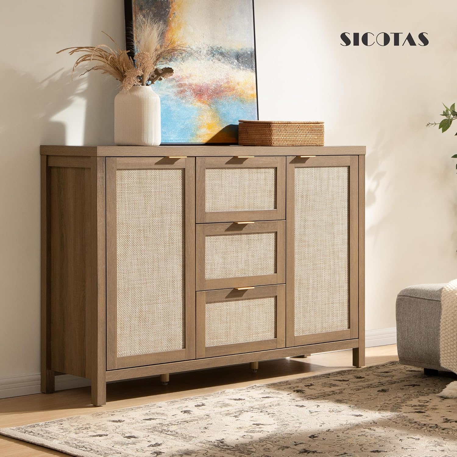 SICOTAS Rattan Sideboard Buffet Cabinet with Storage - 52" Larger Farmhouse Credenza Storage Coffee Bar Cabinet with 3 Drawers & 2 Doors, Boho Console Table for Living Room, Kitchen, Caramel Oak