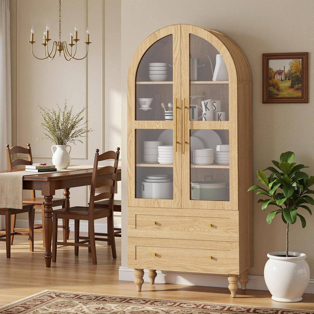 Vongrasig 71" Tall Arched Kitchen Pantry Storage Cabinet with Glass Doors, 2 Large Drawers, 6-Tier Tall Rustic Wood Cupboard Locker for Kitchen, Dining Room, Living Room, Bathroom,Natural