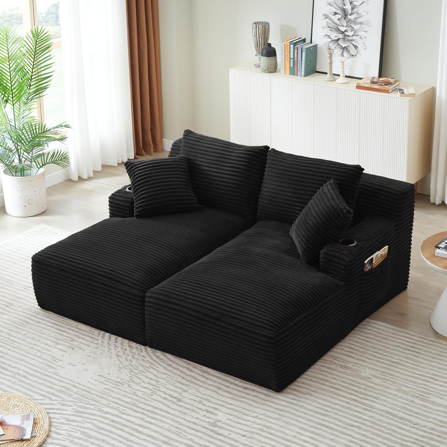 Eafurn Oversized Double Chaise Lounge Indoor with Cup Holders & Side Pocket, 71" Plush Corduroy Floor Chaise Lounge Sofa with High Density Sponge & Deep High Seat Comfy Sleeper Couch Bed