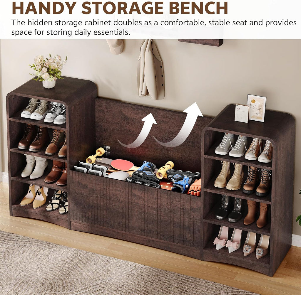 Shoe Cabinet with Bench, U-Shaped Shoe Storage Bench, Tall Shoes Cabinet with Adjustable Shelves, 63" W Lift-Top Blanket Chest with Storage, for Entryway, Living Room, Hallway, Espresso
