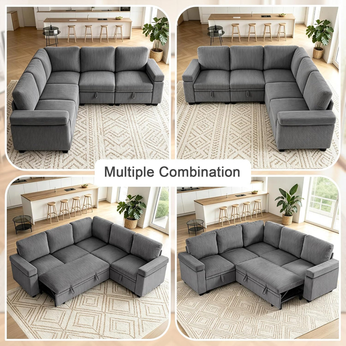 86 Inch L Shaped Sectional Sleeper Sofa with Storage, Sectional Modular Couch with Pull Out Bed, 5 Seats Chenille Cloud Couches for Living Room, Small Sofa Bed for Apartment, Office (Gray, 5-seat)