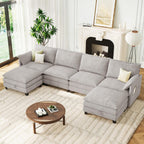 140" U-Shaped Modern Modular Sectional Couch, Chenille Cloud Couches with Storage Ottoman, Deep Seat Sofa with Side Pocket for Living Room, Bedroom and Apartment, Light Grey
