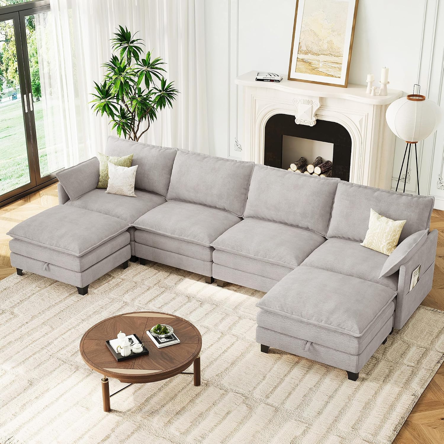 140" U-Shaped Modern Modular Sectional Couch, Chenille Cloud Couches with Storage Ottoman, Deep Seat Sofa with Side Pocket for Living Room, Bedroom and Apartment, Light Grey