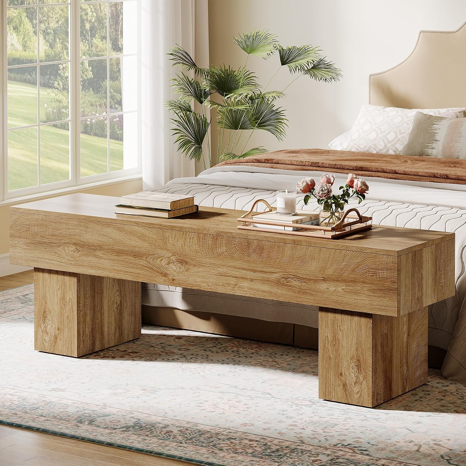 Tribesigns 63“ Extra Long Entryway Bench, Indoor End of Bed Bench for Bedroom, Farmhouse Wooden Shoe Seat Dining Bench for Dining Room, Living Room, Hallway, Light Brown