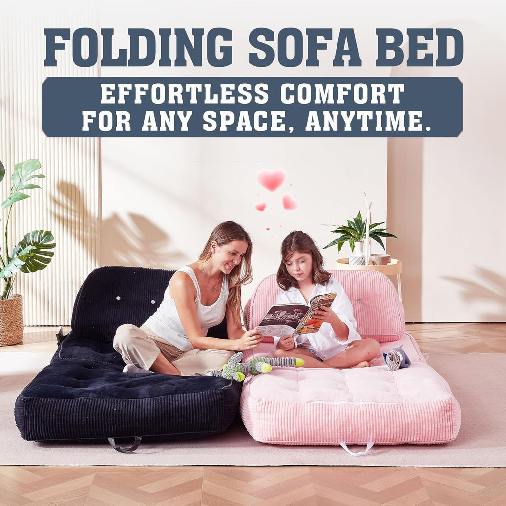 Folding Sofa Bed, Flannel Futon Couch Bed with Pillow and Blanket, Convertible Sleeper Chair for Living Room Bedroom, Pink
