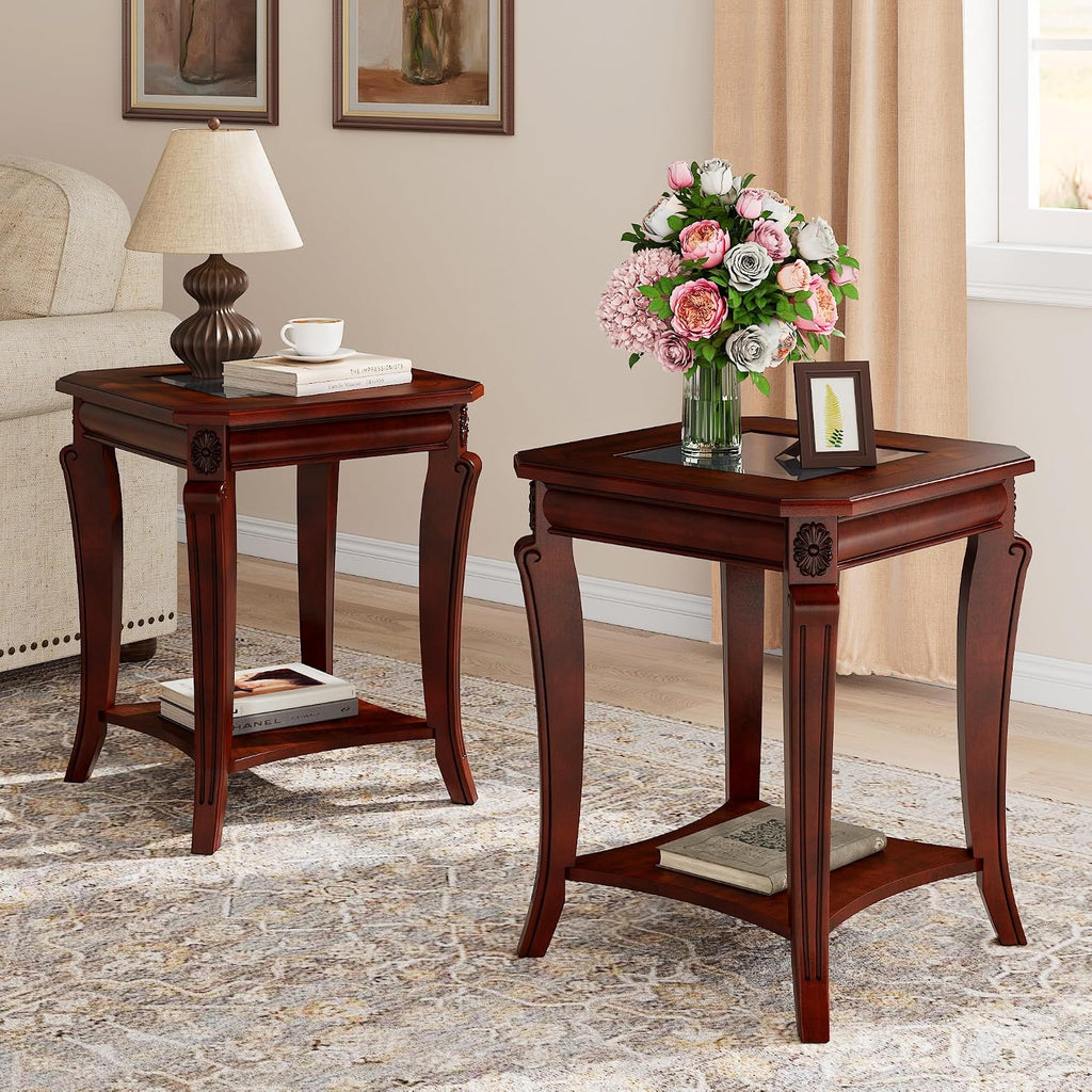 PADMA HOUSE Set of 2 Solid Wood Small End Table with Glasstop, Vintage Square Sofa Side Table with Storage Shelf and Curved Legs, 2-Tier Bedside Tables Nightstand in Cherry,19.7" Dx23.8 H