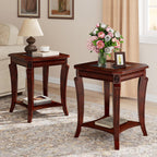 PADMA HOUSE Set of 2 Solid Wood Small End Table with Glasstop, Vintage Square Sofa Side Table with Storage Shelf and Curved Legs, 2-Tier Bedside Tables Nightstand in Cherry,19.7" Dx23.8 H
