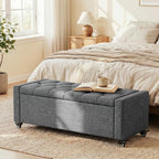 50” Ottoman Bench with Storage, Upholstered Fabric End of Bench for Bedroom, Load up to 660 lb, Fixed Base & Movable Swivel Wheels，Rectangular Tufted Entryway with Safety Hinge (Grey)